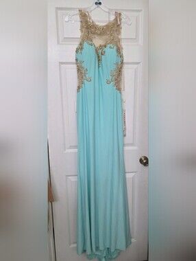 Colors Dress Aqua Embellished Evening Gown with Gold Appliqué